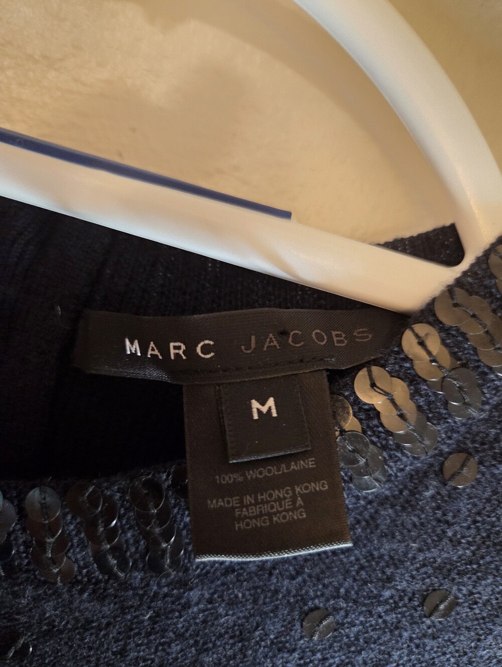 Marc Jacobs Wool Navy Short Sleeve Sequin Dot Knit Top Size M - Picture 3 of 10